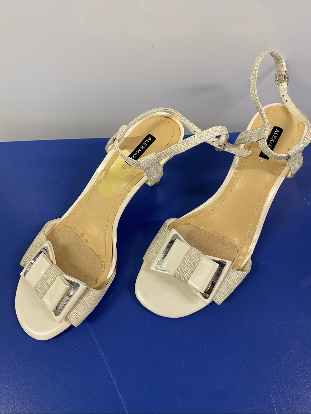 Alex Marie Cream Open-Toe Buckle Heels